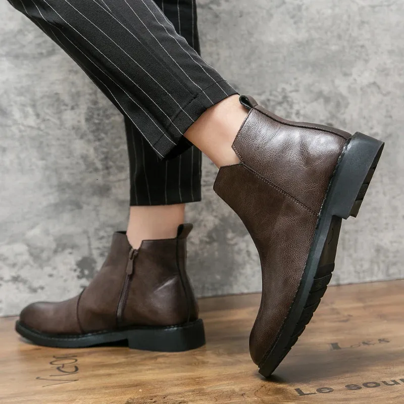 For Fashion Casual British Style Short Boot Side Zipper High-Top Shoes Men Man Classic Retro Leather Ankle Boots 240620_voghion.com