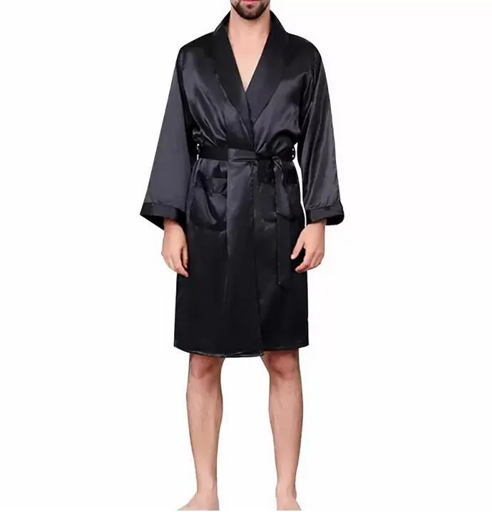 Black Lounge Sleepwear Silk Nightwear For Men Comfort Silky Bathrobes Noble Dressing gown Men's Sleep Robes Plus_voghion.com