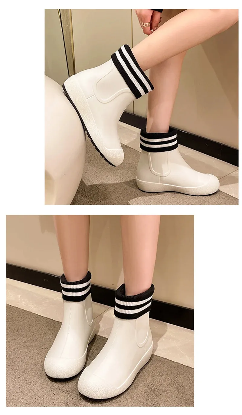 Solide Herrenmode Regenstiefel Gummi Casual Ankle Bootie Rutschfeste Watschuhe für Damen Warme Regenschuhe zum Spazierengehen auf der Straße 2_voghion.com