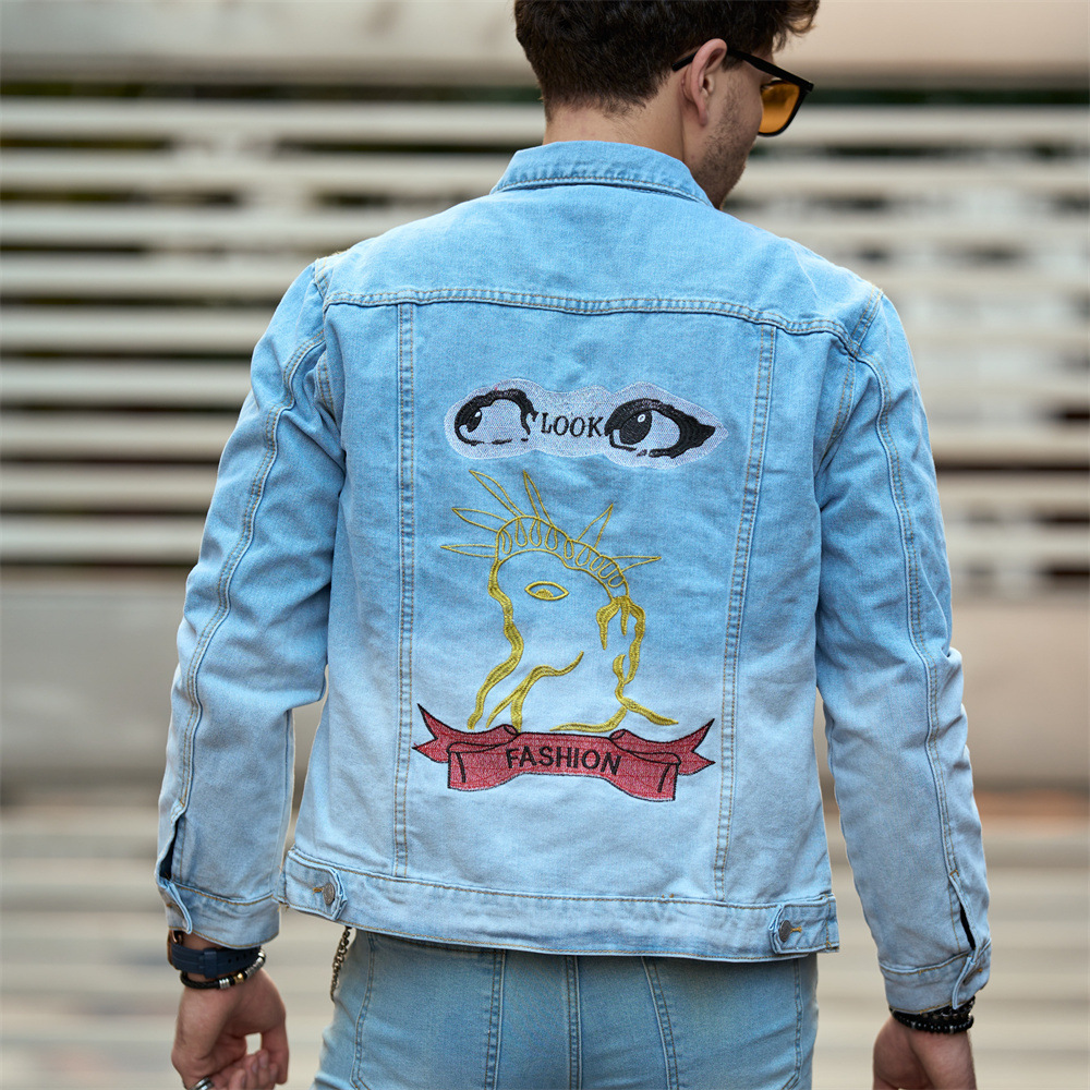 Jachetă casual din denim, top bărbătesc nou, lejer și de toamnă, ținută de primăvară, tendință din denim cu guler pătrat_voghion.com
