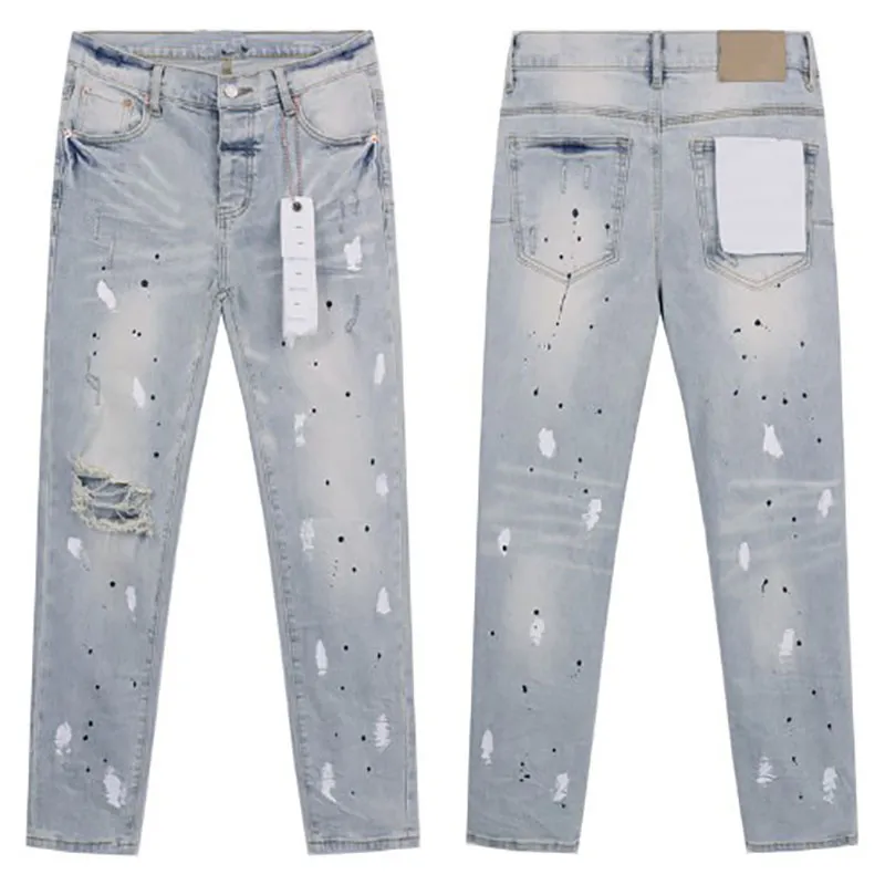 Designer Puff Print Hochwertiger Denim Zerrissene gewaschene Arbeit Schlanke Herrenhose Knopfart Winter Warme Jeans_voghion.com