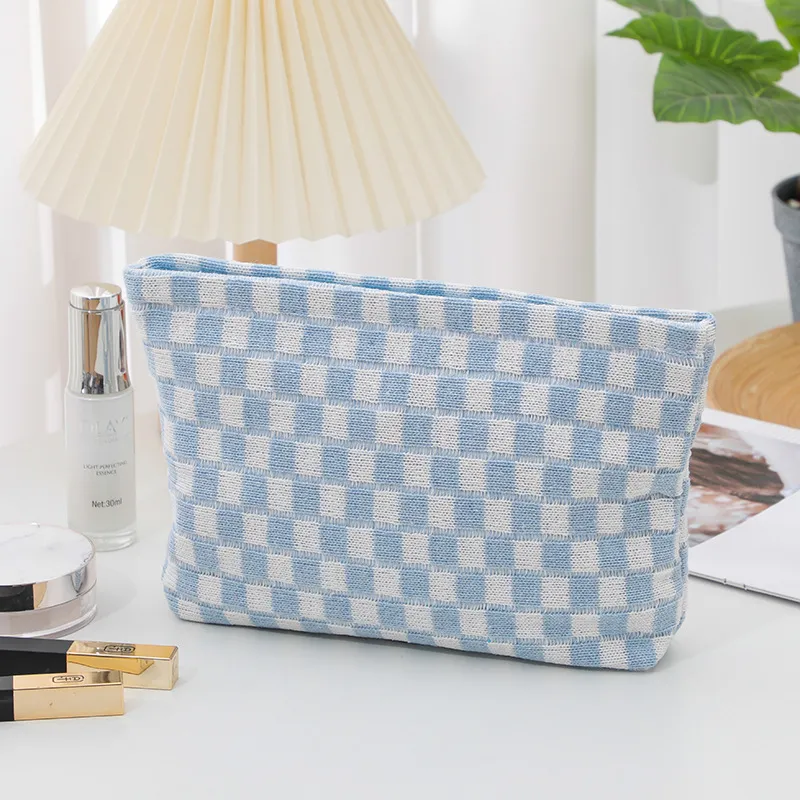 Organizer da viaggio per cosmetici a scacchi, grazioso sacchetto portaoggetti per pennelli da trucco e accessori estetici per donne_voghion.com