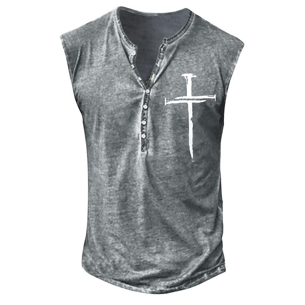 Youth Men's Cross Print Collarless Casual Tank Top Large Men's Vest_voghion.com