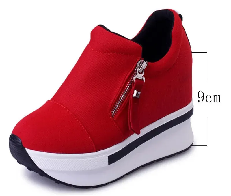 Pantofi sport dama cu platformă, roșii, casual, confortabili, din pânză neagră, cu toc înalt, Tenis Atos Mujer 241122_voghion.com