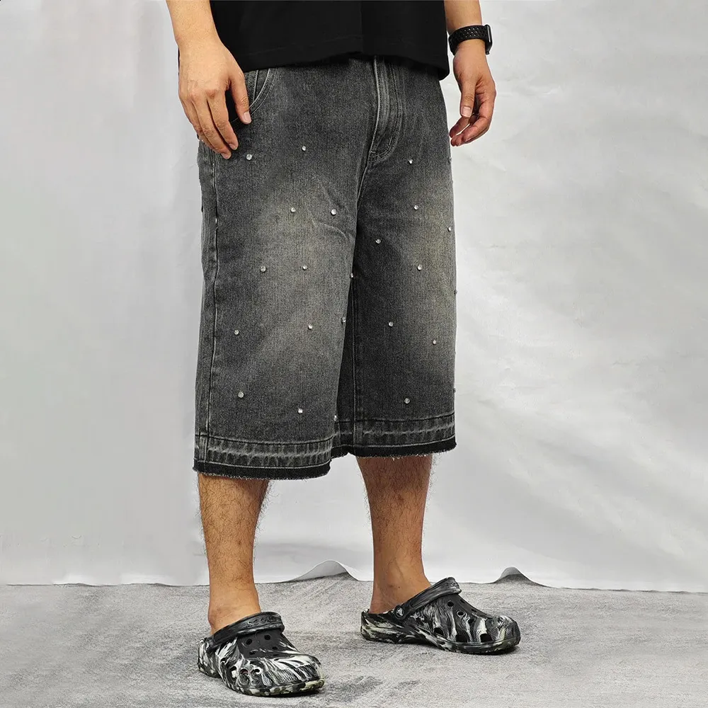 PEERAGE Y2k Retro Rhie Washed Wide Leg Baggy Long Jorts Vyriški Gatvės stiliaus Oversized Frayed Black Grey Loose Denim Jeans_voghion.com