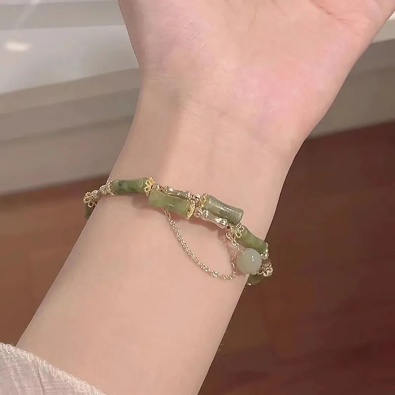 Chinese Style Bamboo Joint Bracelet Retro Green Beaded Bangle_voghion.com