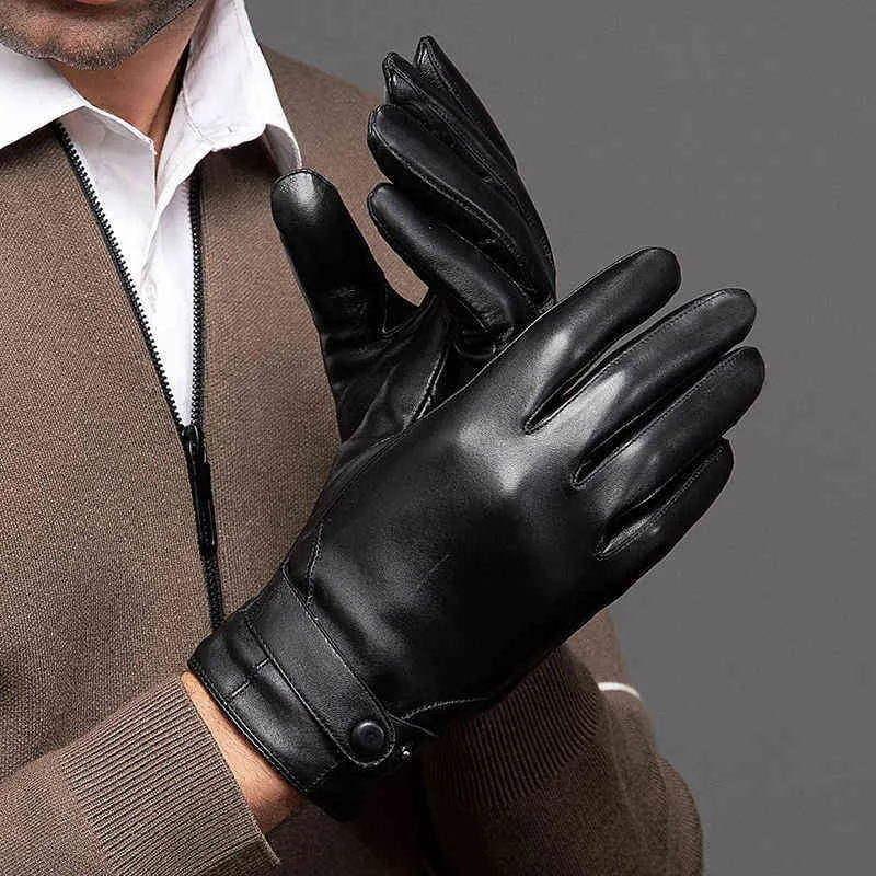 Gants de moto en cuir de mouton pour hommes d'affaires d'automne et d'hiver avec écran tactile et doigts complets, noirs, NR196 211224_voghion.com