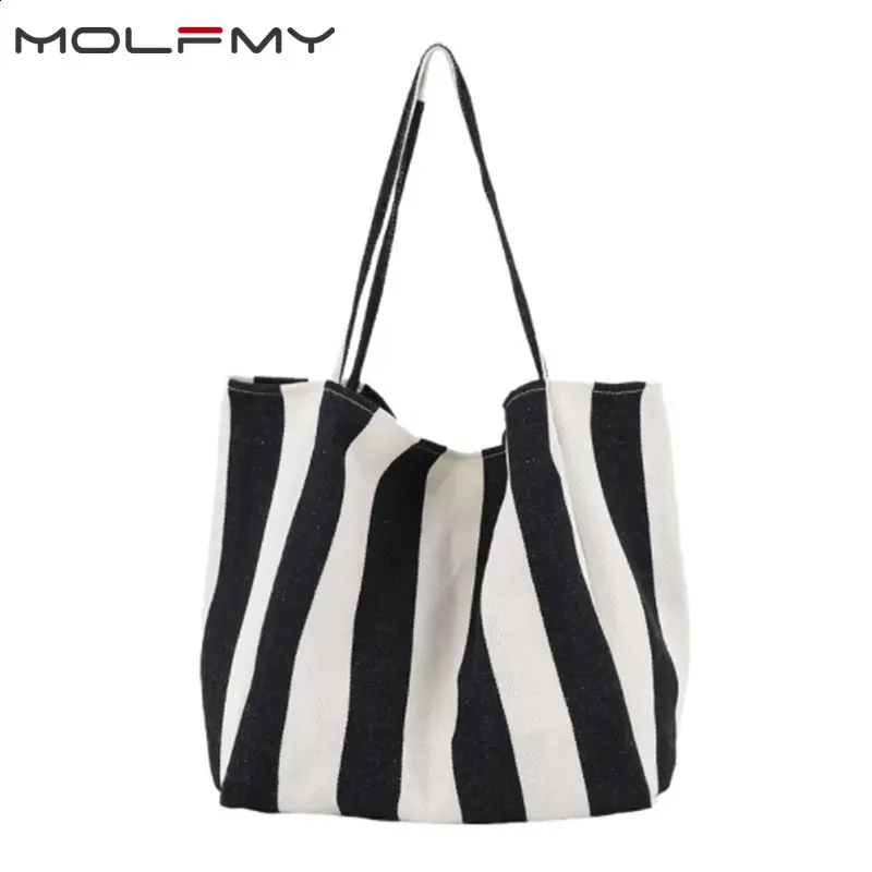 Fashion Ladies Classic Striped Canvas Handbag Large Capacity Shoulder For Female Simple Beach Casual tote Shopping Bag_voghion.com
