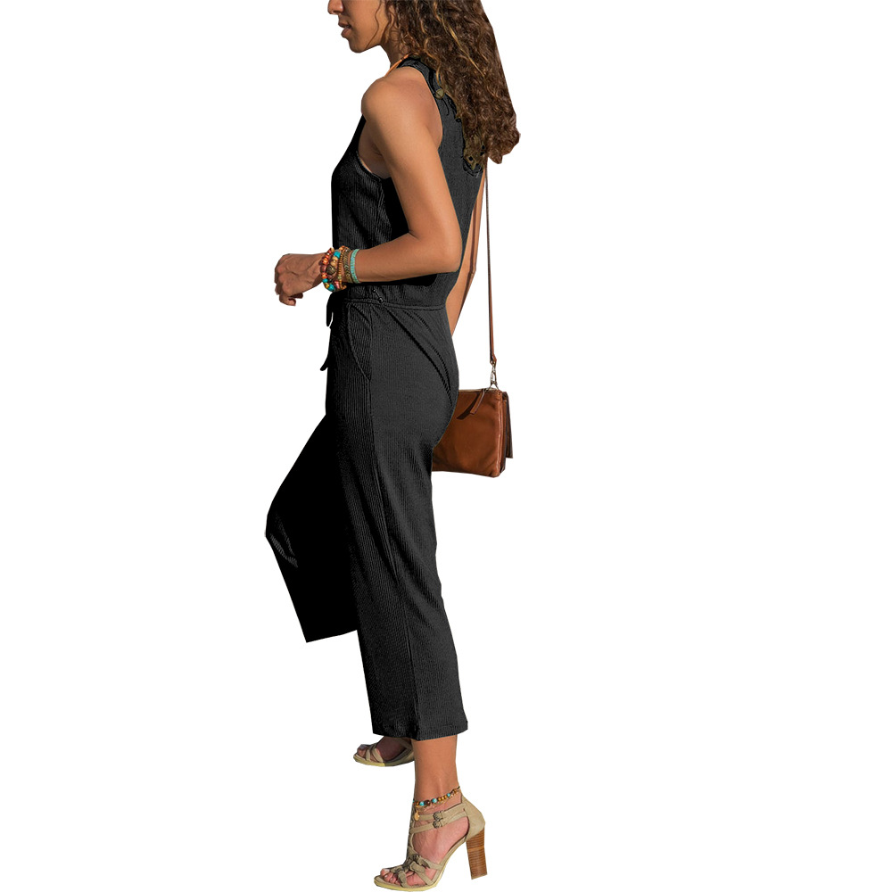 Damen Rundhals ärmellose Pit Stripe Neun-Punkt-Overall Coole Hose_voghion.com