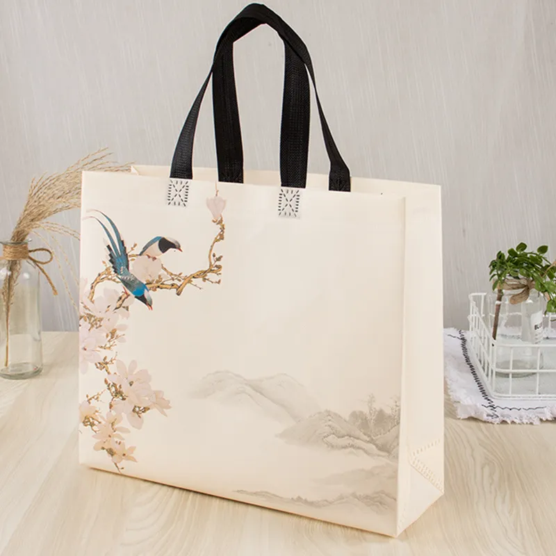 Non-woven Shopping Eco Large Capacity Portable Storage Pouch Flower Bird Print Handbag Reusable Foldable Shoulder Bag_voghion.com