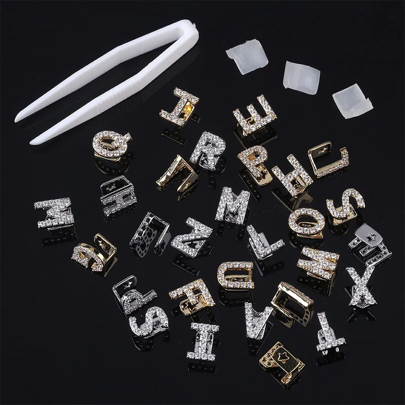 Grillz personnalisé en or blanc avec nom de A à Z et lettres, diamètre complet, zircone cubique, dents Bg, bricolage, grils Fang, capuchon de dent inférieur, hanche_voghion.com