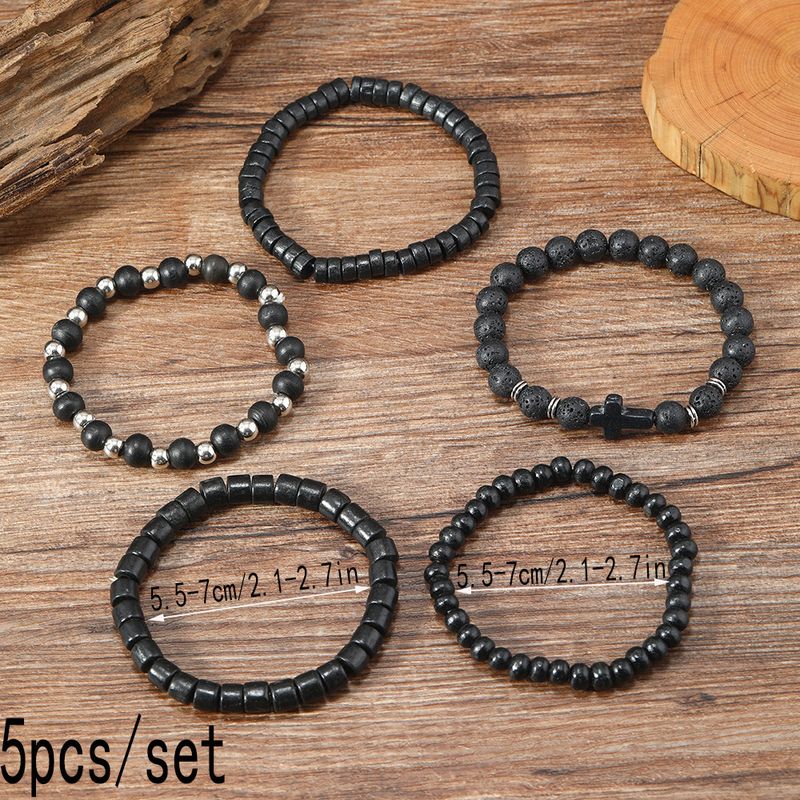 Fashion Dark Style Alloy Cross Wooden Bead E-commerce Men's Volcanic Stone Beaded Bracelet_voghion.com