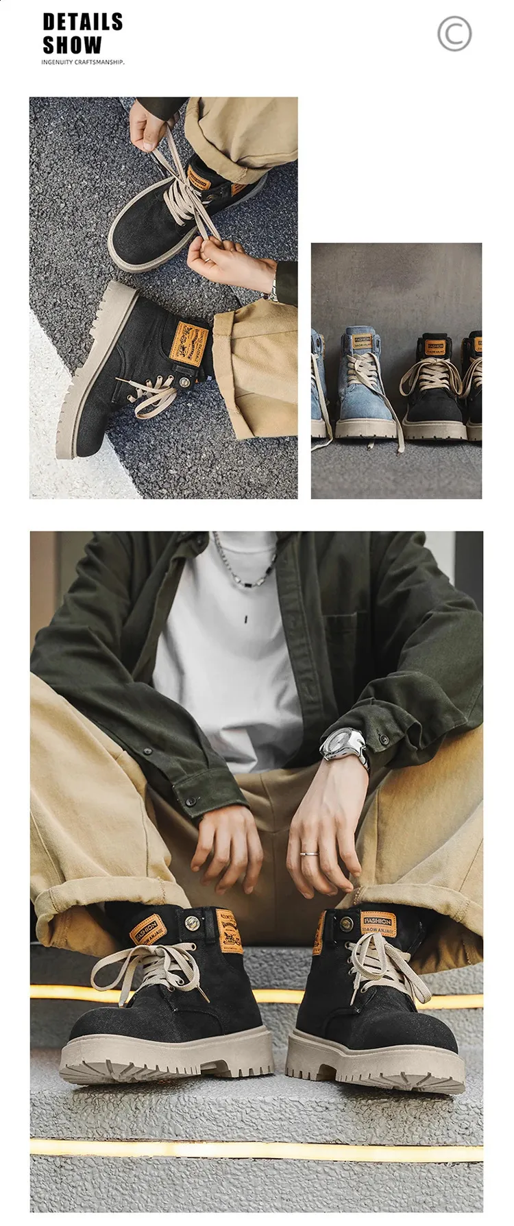 Botas de cowboy masculinas de alta qualidade, estilo britânico, com cadarço, bico redondo, cano curto, para uso casual ao ar livre (código 240930)._voghion.com