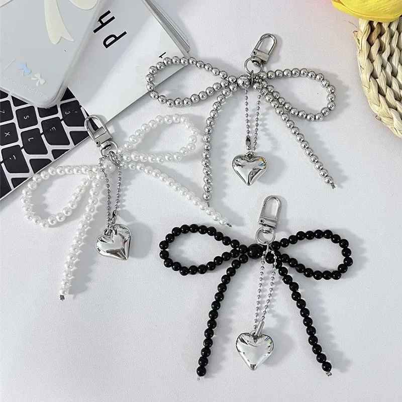 Ins Style Bowknot Perlenkette Dreidimensionale Sier Herz Telefon Anhänger Kopfhörer Fall Charm Tasche Dekor Auto Schlüsselanhänger_voghion.com