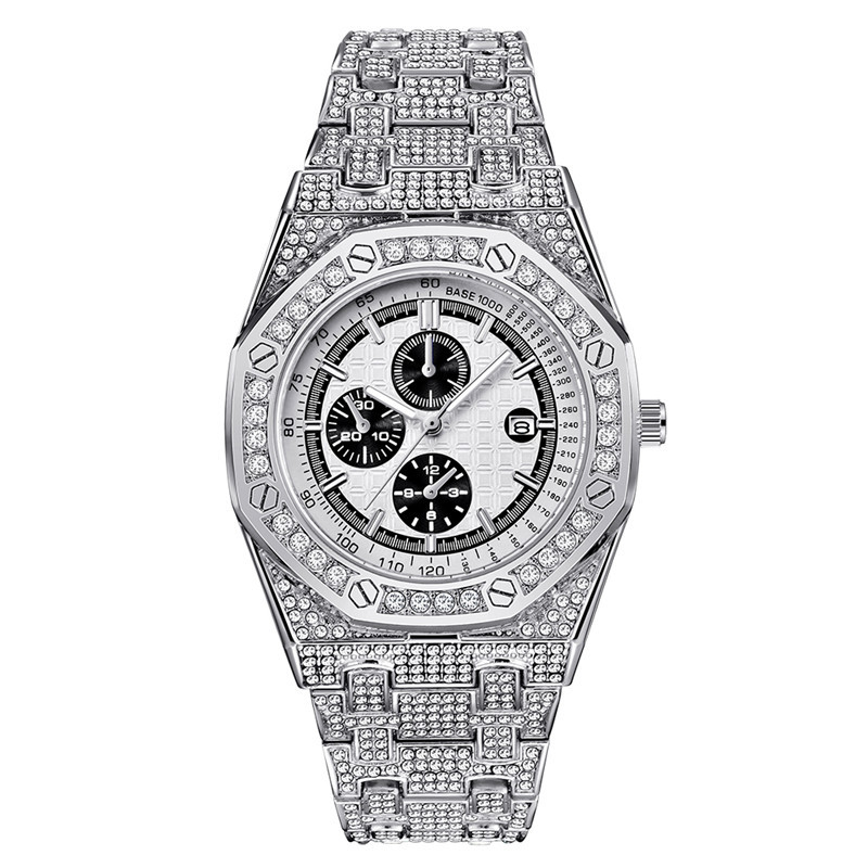 Heren merk volledige diamant eenvoudige kalender quartz horloges_voghion.com