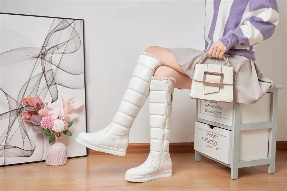 Stivali alti fino al ginocchio da donna con plateau, in peluche, modello MUJI, colore: rosa, bianco, caldi, invernali, taglia 34-43 240930_voghion.com