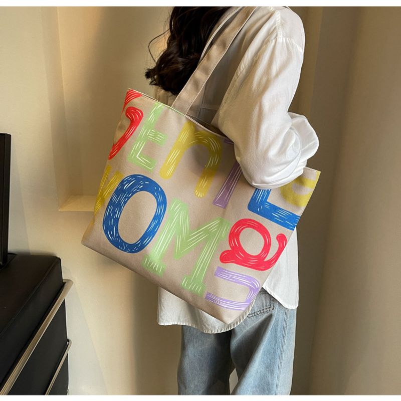 Modische Canvas-Tasche mit farbigem Buchstabenaufdruck und großer Kapazität für die Freizeit_voghion.com