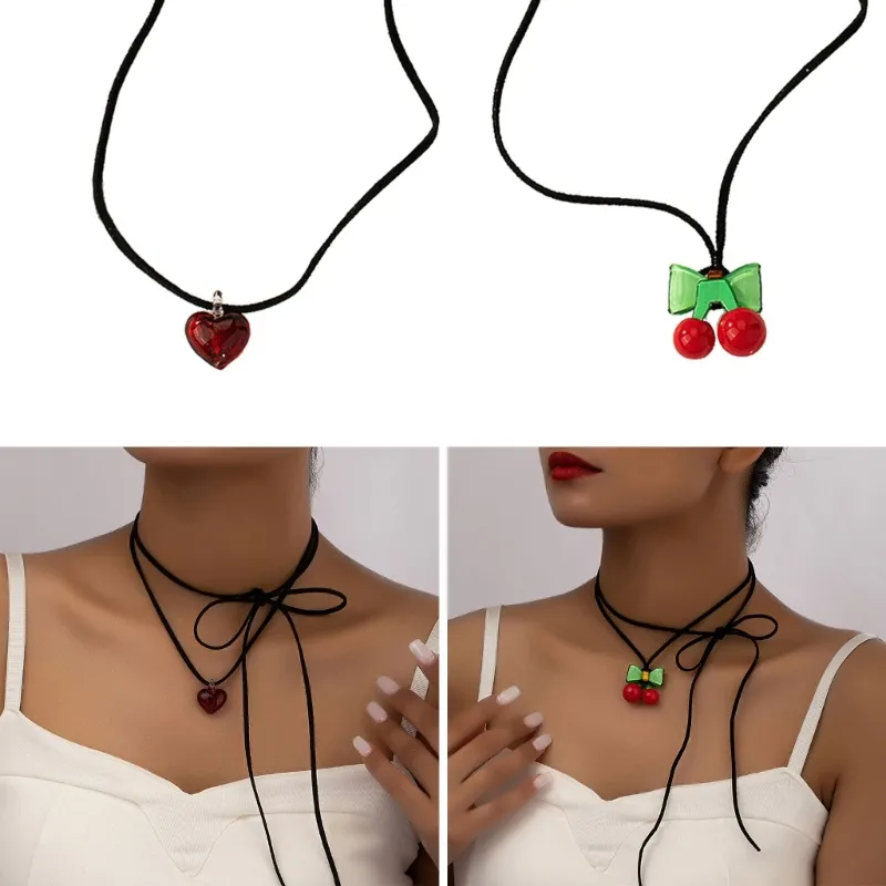 Knotted Cherry Heart Necklace For Women Adjustable Clavicle Chain_voghion.com