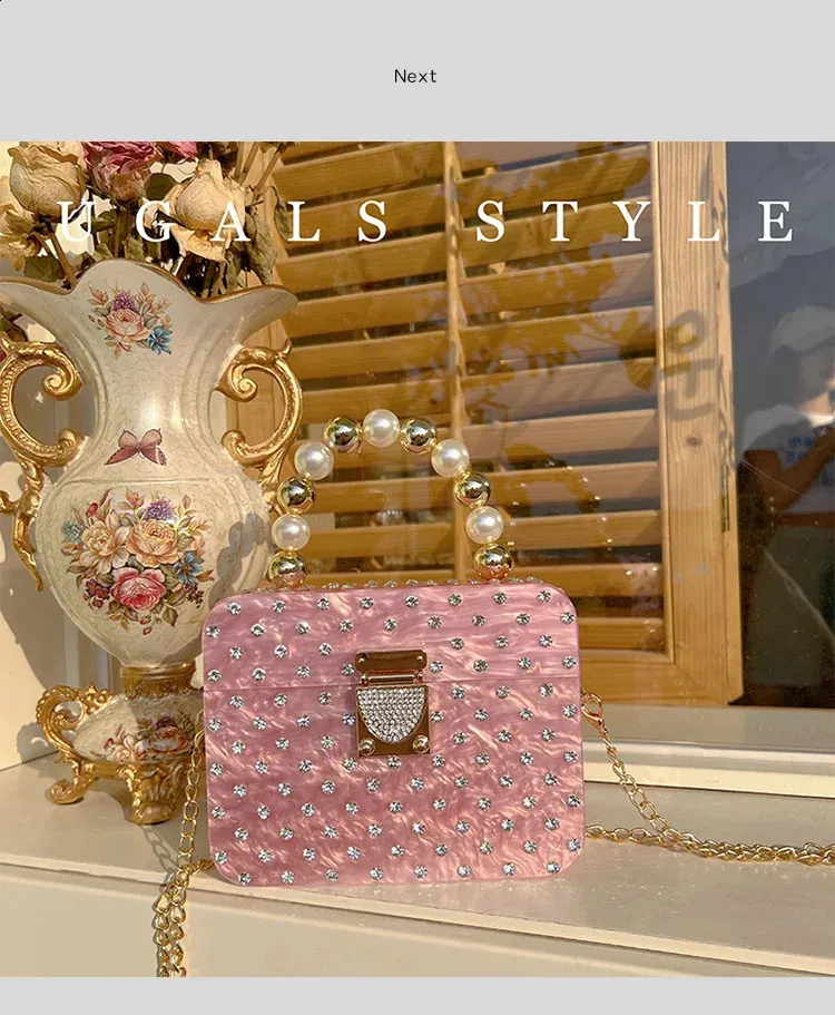 Acryl-Box-Form-Clutch-Tasche Perlengriff Handtasche Dia Metall glänzend Gold Frauen Abendparty süße Geldbörse Hochzeit 240822_voghion.com