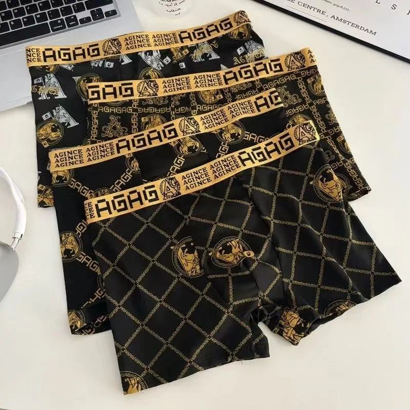Lot de 4 sous-vêtements sexy haut de gamme New2024 imprimés or noir pour hommes, pantalons plats d'été taille fine, shorts à coins carrés respirants
