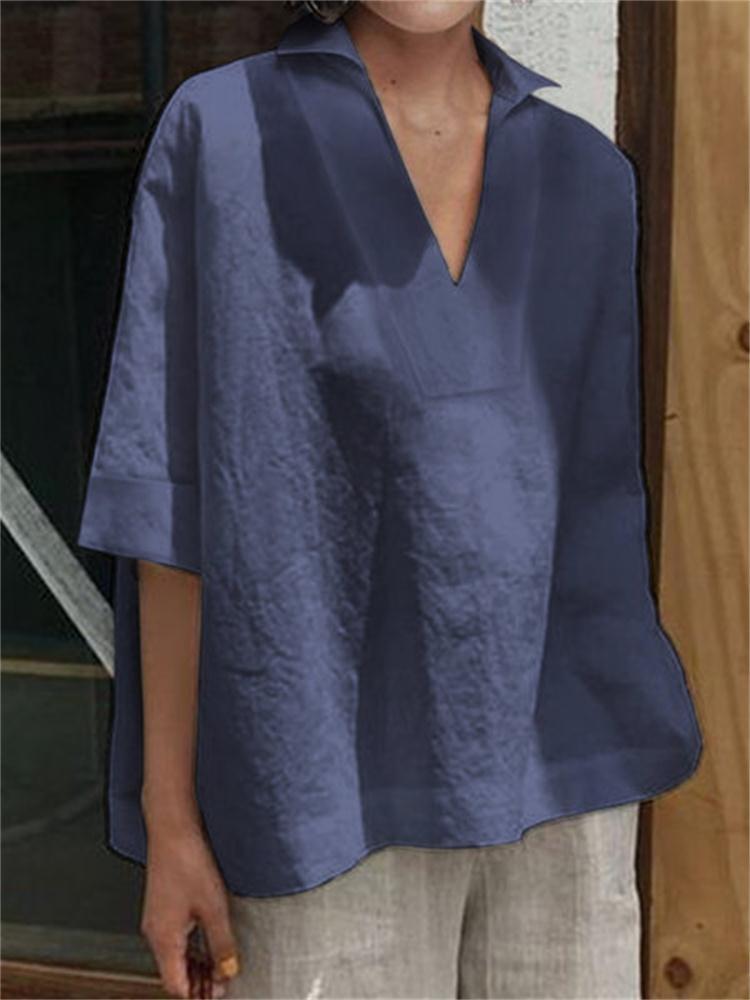Women's V-neck cotton and linen all-match solid color large size loose mid-sleeve women's shirt_voghion.com