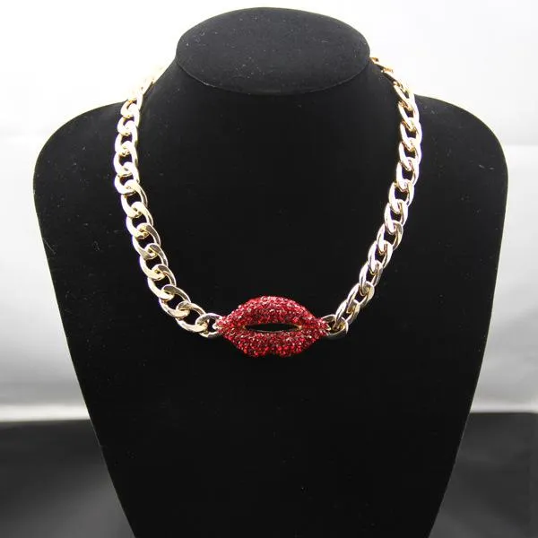 Red Lip Pendant Cuban Link Necklace Rapper Style Choker Jewelry_voghion.com