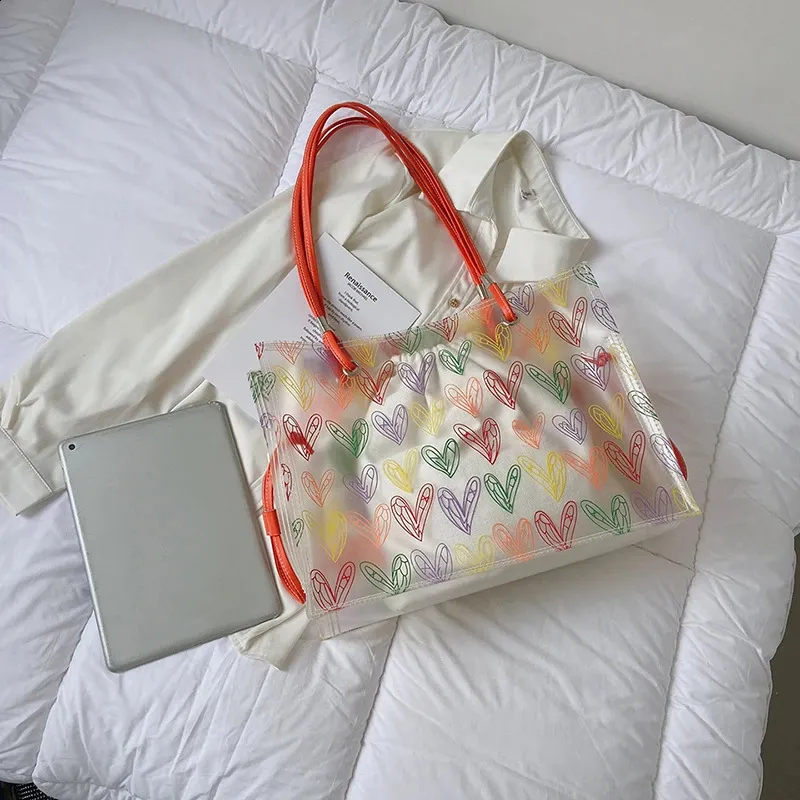 Heart Pattern Clear Pvc Tote Bag And Shoulder Bag Set For Summer_voghion.com