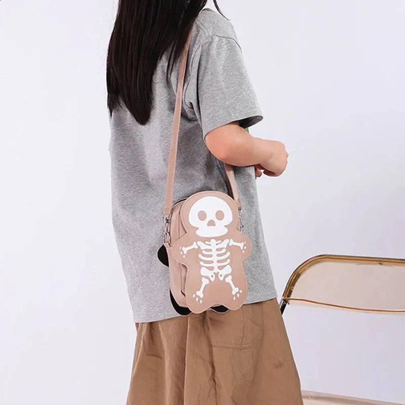Halloween Crossbody Lustiges kleines süßes Skelett Schultertasche PU-Leder Messenger Handtasche Einkaufstasche Weihnachtsgeschenk 240912_voghion.com