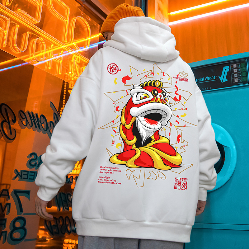 2024 China-Chic Chinesischer Kapuzenpullover zum Aufwecken des Löwen, lockere Größe, dicker Mann, Winter-Kaschmir-Kapuzenpullover für Männer_voghion.com