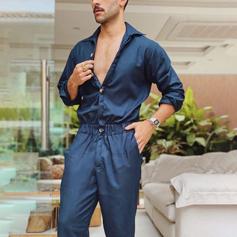 2024 Mænd Ensfarvet Jumpsuit Playsuit Knapper Casual Cargo Tøj Overalls Turn Down Krave Langærmet Oversized_voghion.com