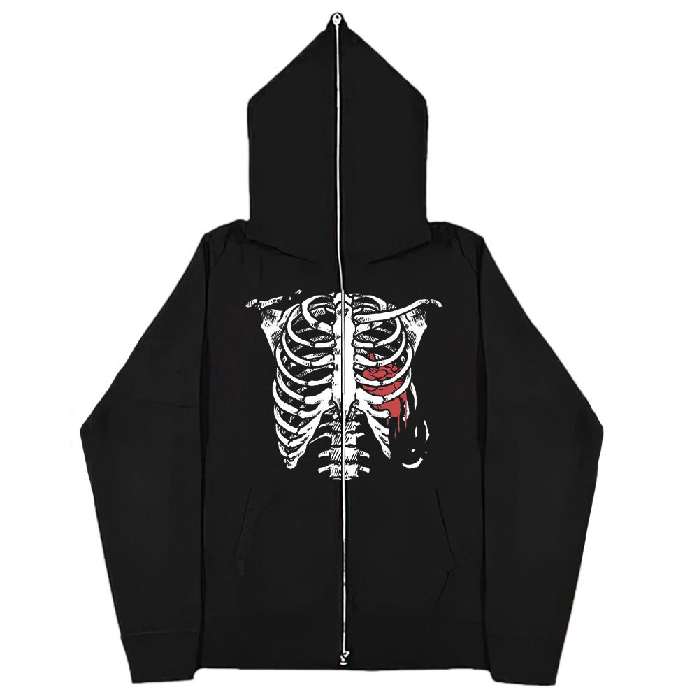 Herrenbekleidung 2024 dunkles Skelett schwarzes Sweatshirt Herren- und Damen-Hoodie Gothic-Paar Harajuku-Stil lässiger Reißverschluss-Sweatshirt-Trend_voghion.com