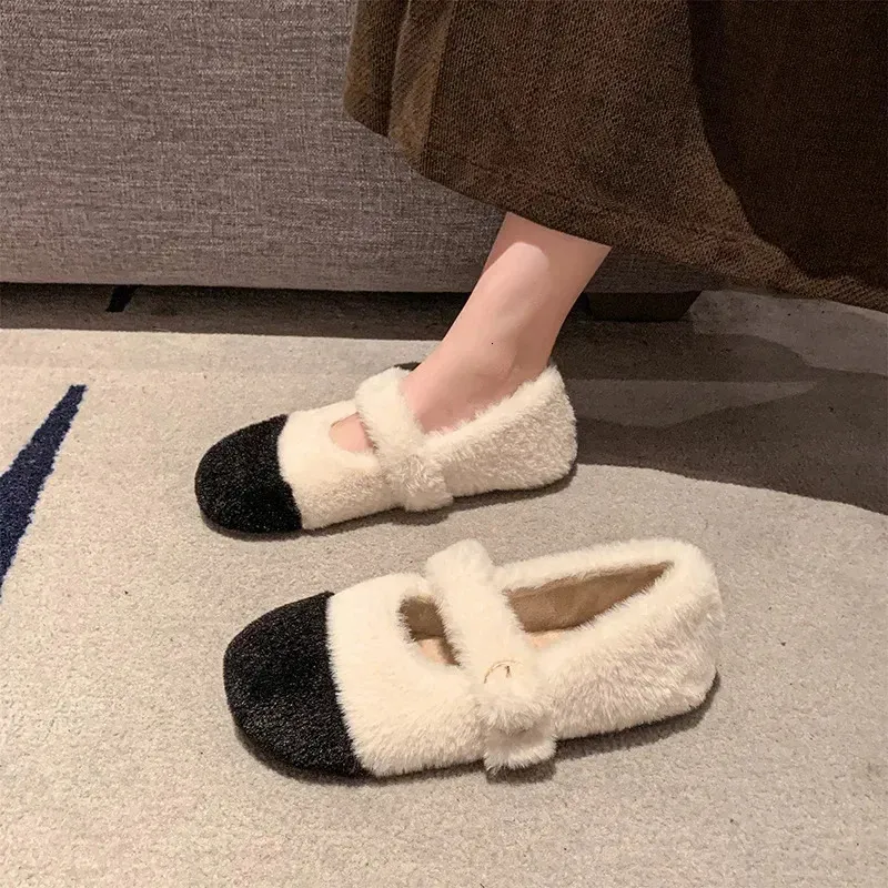Fashion Square Toe Fluffy Ballet Apartment 2025 Winter Warm Plush Coat Womens Comfortable Fur Mary Jane Shoe atos 241122_voghion.com