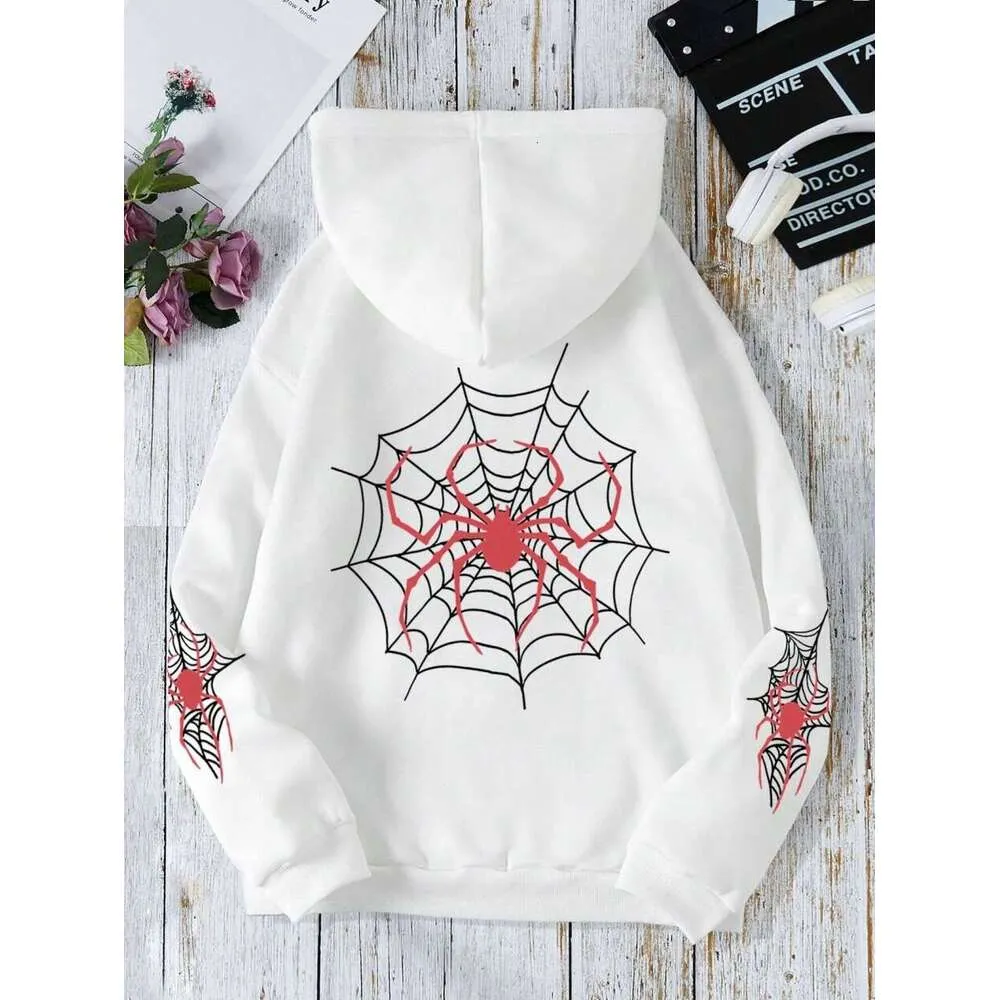 Hoodie mit Rundhalsausschnitt und Spinnweben-Aufdruck für Damen, warmes Fleece-Sweatshirt, modisch, lässig, Tracuit, übergroß, für Damen_voghion.com
