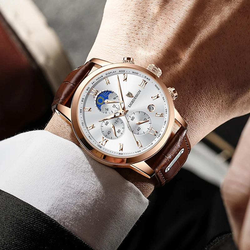 Casual Moon Phase Quartz Watch For Men With Leather Strap_voghion.com