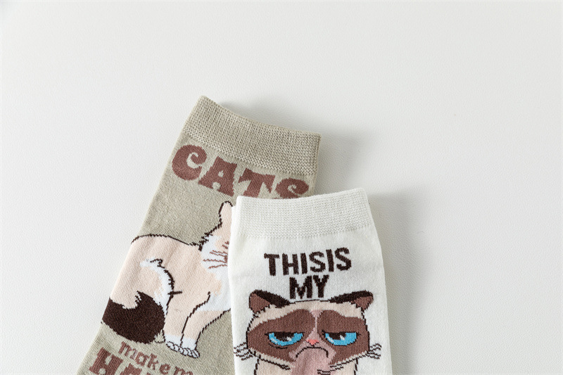 5pcs Of Spring And Summer Cartoon Women's Tube Boat Casual Japanese Style Short Cute Letter Cat Straight Socks_voghion.com