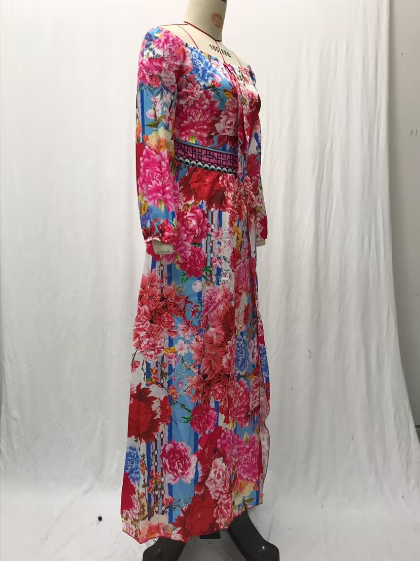 Dress Printed V-neck Retro Long Sleeve Swing Slit Long Dress_voghion.com