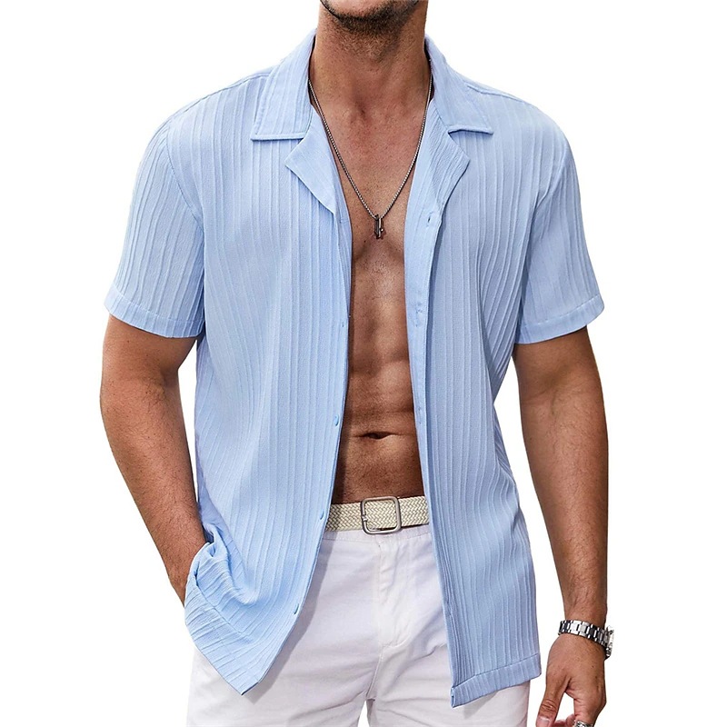 Men's Clothing Striped Casual Suit Collar Thin Summer Short-sleeved Shirt_voghion.com