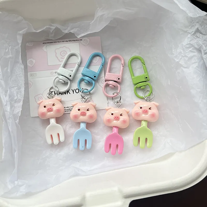 Kawaii Cartoon Piggy Fork Keychain Cute Animal Keyring Lovely Resin Key Holder School Pendant Bag Backpack Ornament_voghion.com