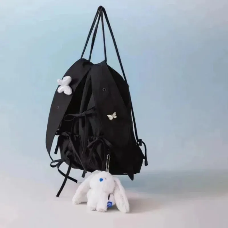 INS coreano coniglio orecchie fiocco lacci coulisse plissettato casual spalla femminile grande capacità tote borsa zaino leggero_voghion.com