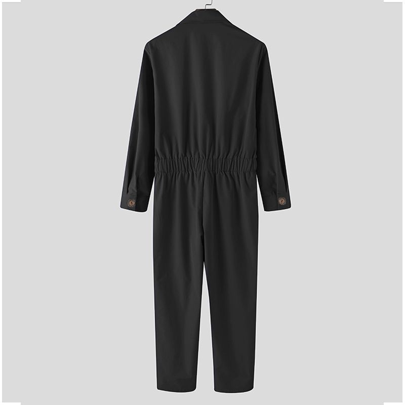 2024 Mænd Ensfarvet Jumpsuit Playsuit Knapper Casual Cargo Tøj Overalls Turn Down Krave Langærmet Oversized_voghion.com
