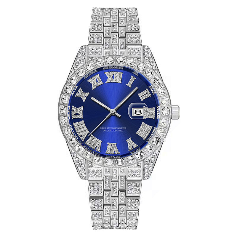 Hip hop Men Brand Full Diamond Alloy Band Date Watch_voghion.com