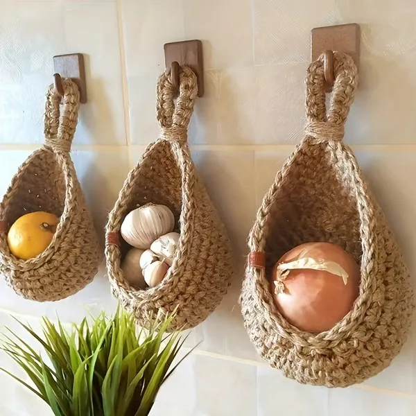 Xemussa 1pc Kitchen Tear Drop Basket, Hand Woven Fruit Basket Bohemian Wall Mounted Storage Food Basket, Suitable For Fruits, Vegetables, Potatoes,_voghion.com