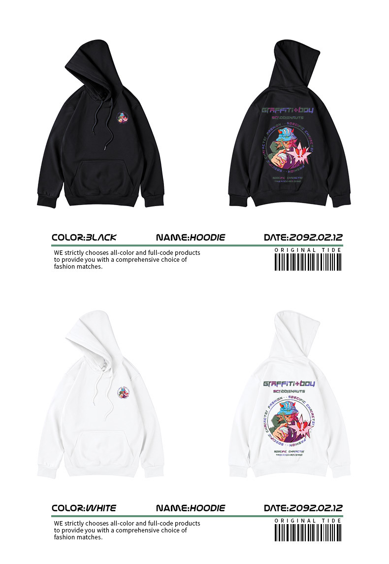 Suéter de hip hop com capuz de pelúcia para Instagram, estilo cartoon, masculino, tamanho grande, pulôver de algodão Hua_voghion.com