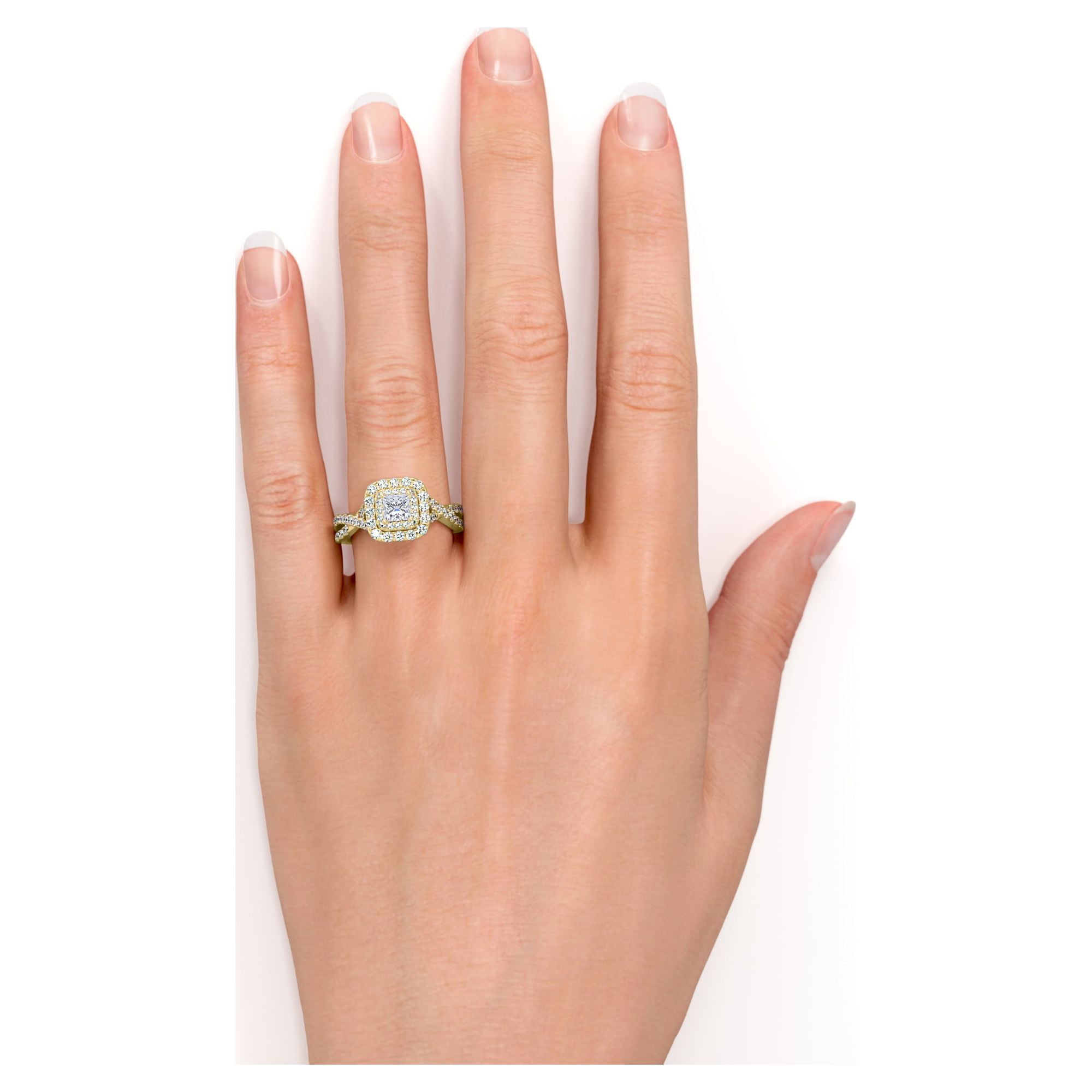 Set de mireasă de logodnă JeenMata 1 carat cu tăietură prințesă Moissanite Inel dublu cu halou - Aur galben peste Sier_voghion.com
