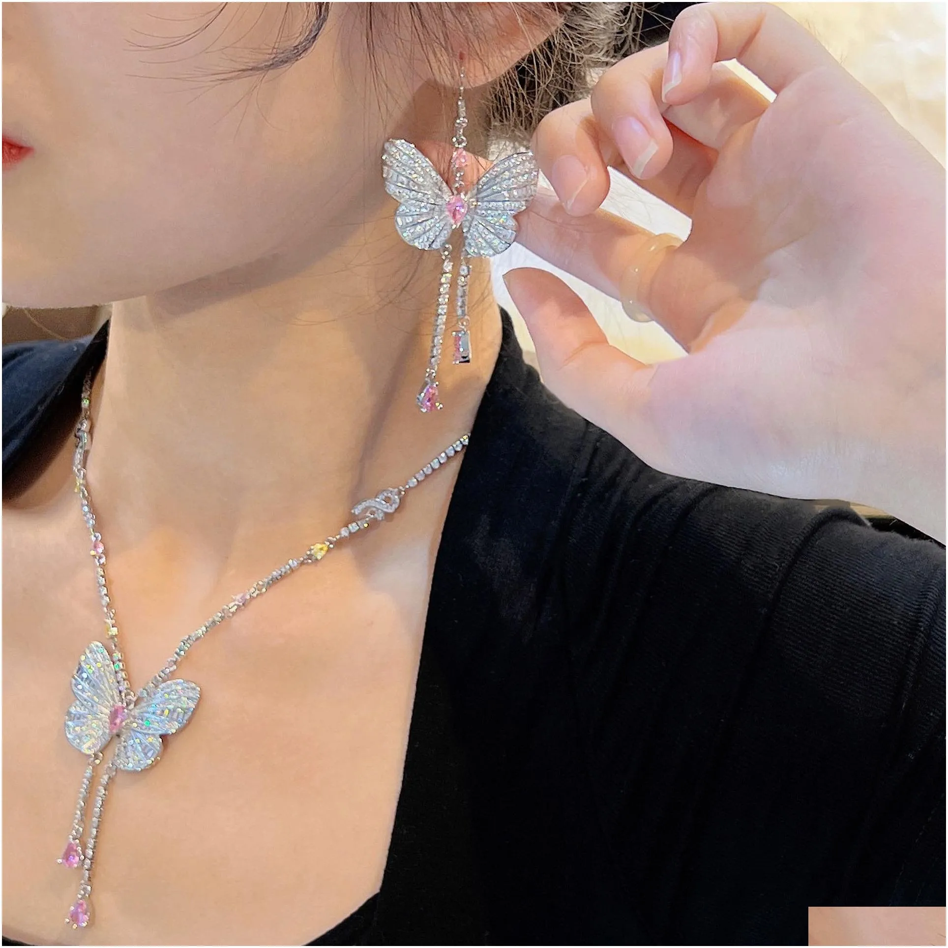 Set di gioielli da sposa con farfalla, diamanti da laboratorio, orecchini in argento sterling, collana girocollo per donna, pietre preziose da sposa_voghion.com