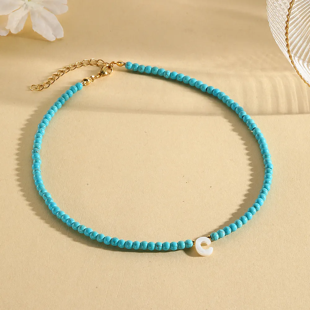 Collane con ciondolo Nome minimalista Iniziale Collana con perline blu da donna con 26 lettere dell'alfabeto Moda Compleanno Coppia_voghion.com