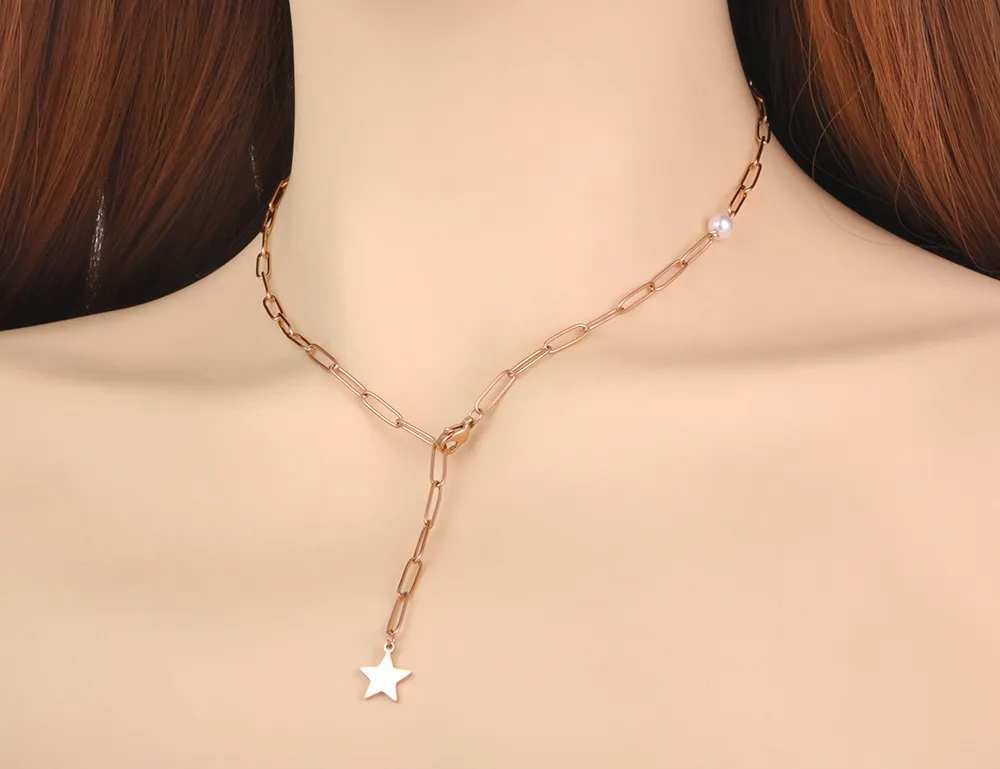 Cadenas JeeMango, gargantilla de cadena con dije de estrella de acero inoxidable, estilo bohemio, joyería de playa, colgante de perla para mujer_voghion.com