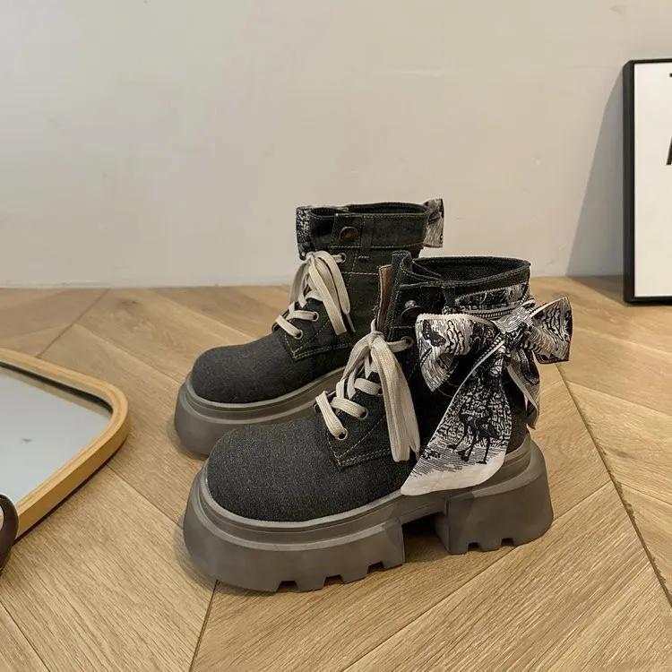 Ladies' denim canvas Martin thick soled short boots_voghion.com