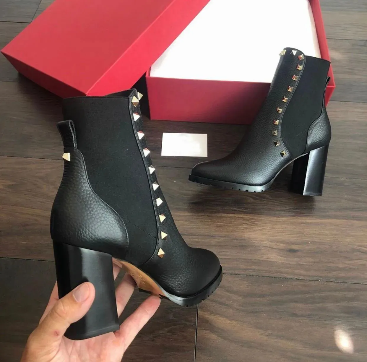 Winter Brands Stud Ankle Boots Women Black Grainy Leather Chunky Sole Martin Booties Lady High Heel Party Dress Red_voghion.com