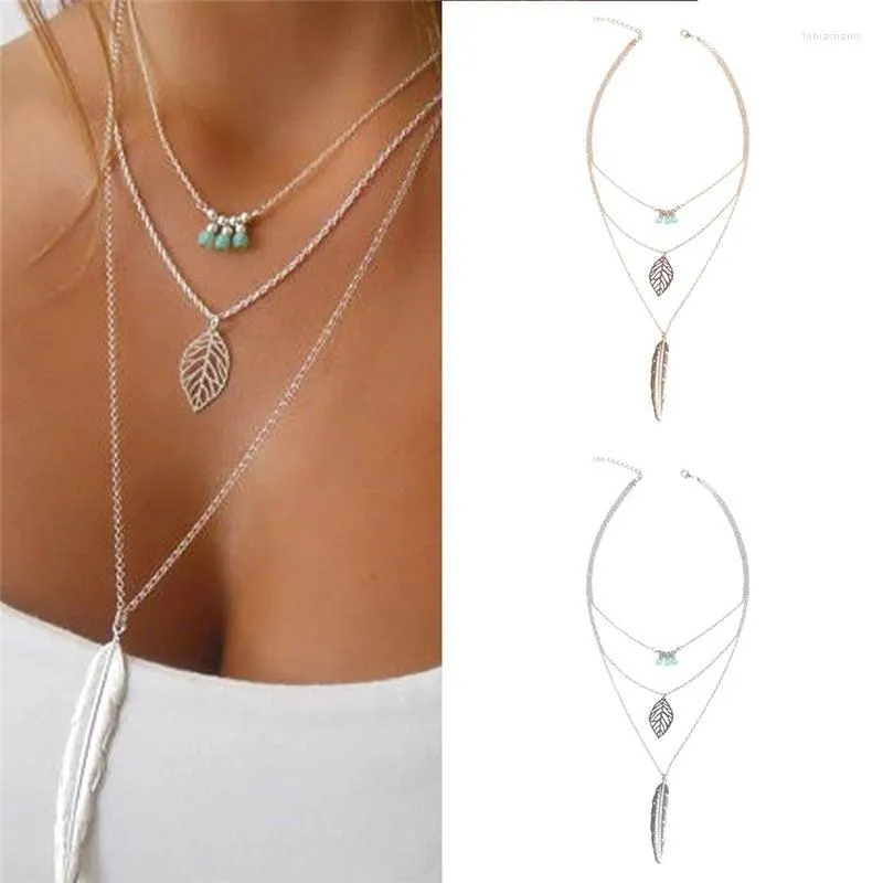 Collane con ciondolo Moda Natura Pietra Foglia Lunga Donna Collana a catena a 3 strati Gioielli bavaglino_voghion.com